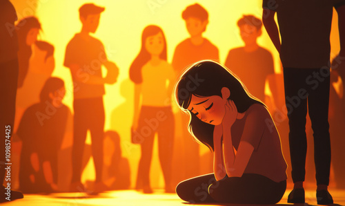 Lonely Girl Amidst the Crowd: A digital illustration depicting a young girl sitting alone and dejected, surrounded by a blurred crowd.