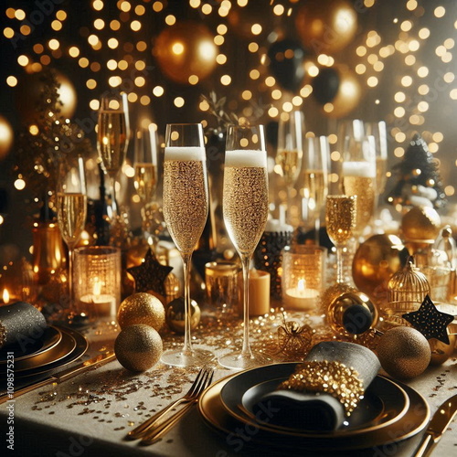 Elegantes Silvester-Tableau mit Champagner und Glitzerdekoration