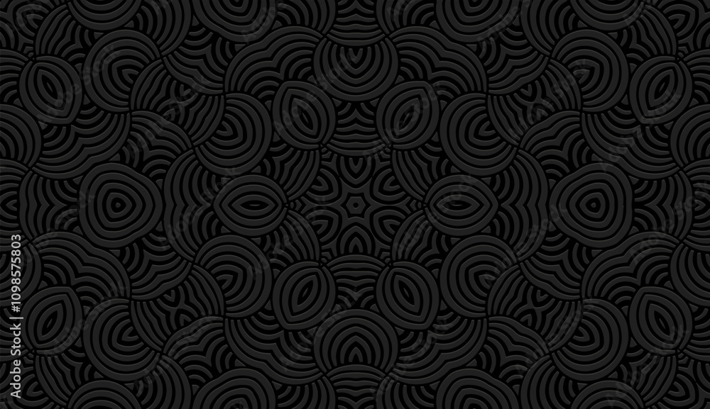 Naklejka premium Exotic black background, tribal design cover, banner. Geometric 3d pattern, embossing. Vintage ornaments, arabesques, mandala of the East, Asia, India, Mexico, Aztec, Peru. Ethnic holiday print.