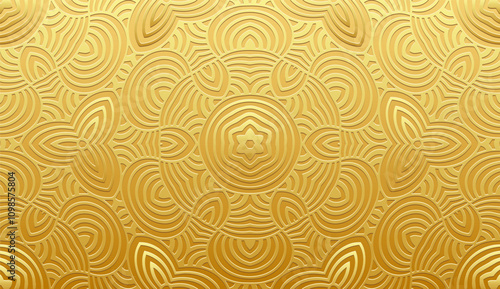 Golden boho background, tribal cover design, banner. Geometric gold 3D pattern, embossing. Textured ornaments, arabesques, mandala of the East, Asia, India, Mexico, Aztec, Peru. Ethnic holiday print.