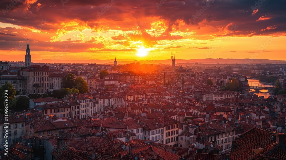 Obraz premium Breathtaking Sunset View Over a Sprawling City with Colorful Skies Illuminating the Horizon