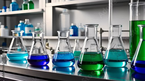 Laboratory glassware with vibrant blue and green liquids on a polished surface

 photo