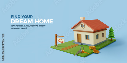 3D building. Home rent. Mortgage credit or sale icon. Property buying. Commercial architecture insurance. Money lease. Townhouse exterior. Cottage purchase. Vector real estate banner