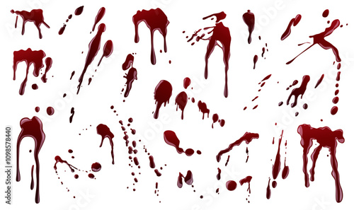 Blood splatter. Halloween horror drop, paint splash texture. Spatter red flow elements, stain or spray. Criminal place, spooky decorative vector isolated on white background bloodstain set