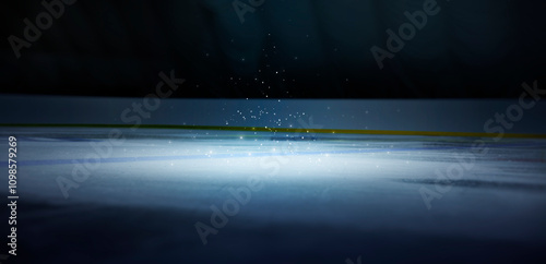 Ice. Realistic ice and light on hockey stadium. Ice background. Reflection. Bright lighting with spotlights. Sparkles. Background