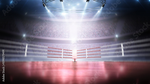 Red 3D boxer arena with viewers. Dynamic sports background. Red empty boxing ring under lights. Full tribune. Wide angle. Accent in the center of the background