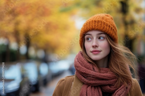 Portrait of a youthful female with headgear and neck warmer, possibly for outdoor use or cold weather photo