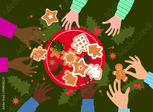 Christmas sweets. A group of children of different cultures and nationalities eat gingerbread. Flat style. Vector illustration.