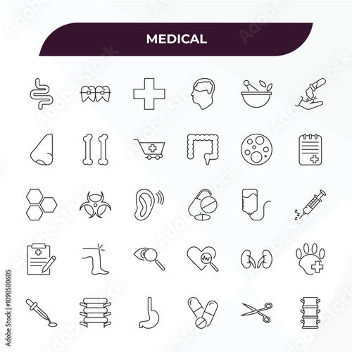 fully editable outline icon collection from medical concept. thin line icons set such as intestines, braces, cells in a circle, opened medical scissors, spinal column,