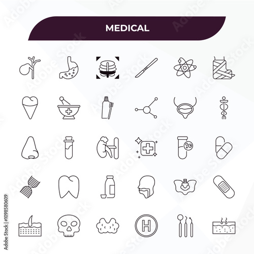 fully editable outline icon collection from medical concept. thin line icons set such as gallbladder, stoh, bladder, dentist tool, epidermis,