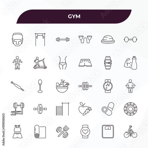 fully editable outline icon collection from gym concept. thin line icons set such as headgear, training apparatus, sport watch, scale, riding bicycle,