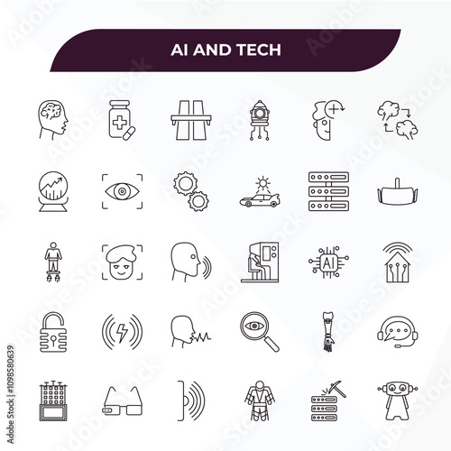 fully editable outline icon collection from ai and tech concept. thin line icons set such as brain, medicine, servers, data mining, robot,