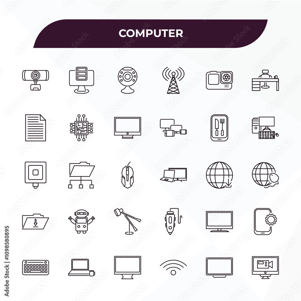 Fototapeta premium fully editable outline icon collection from computer concept. thin line icons set such as webcamera, pc storage, restaurant app, televisions, computer video,