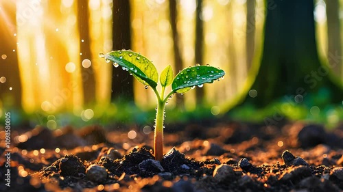 Sprouting seedling in fresh soil with morning sunlight in a serene forest

 photo