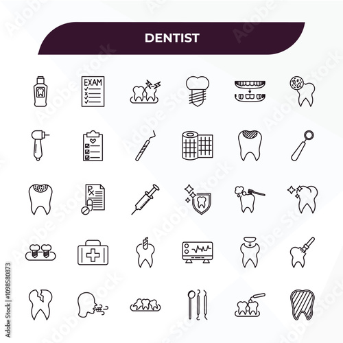 fully editable outline icon collection from dentist concept. thin line icons set such as mouth wash, examination, filler, interproximal, inner tooth,