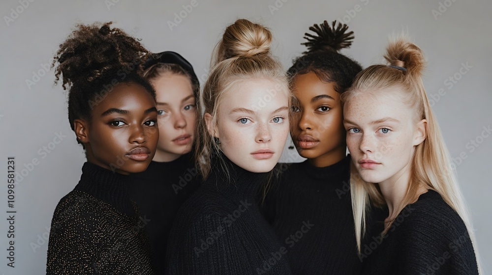 Fototapeta premium Five women in sleek black outfits with bold hairstyles