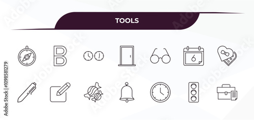 fully editable outline icon collection from tools concept. thin line icons set such as cardinal, bold, reading glasses, semaphore light, briefcase and document,