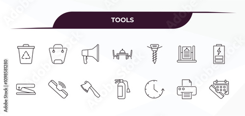 fully editable outline icon collection from tools concept. thin line icons set such as recycling bin, bag with big handle, auger, blank paper and printer, telephone agenda,