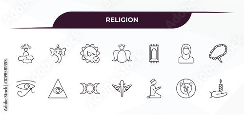 fully editable outline icon collection from religion concept. thin line icons set such as god, ganesha, islamic praying carpet, forbidden foods, vigil,