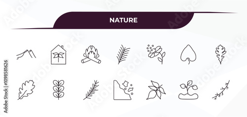 fully editable outline icon collection from nature concept. thin line icons set such as dune, indoor, pollen, seeding, larch leaf,