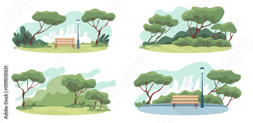 City park. Garden trees. Bench with lantern. Outdoor seat. Summer field. Urban nature landscape. Grass and plants on place scenery. Forest panorama. Public areas set. Vector backgrounds