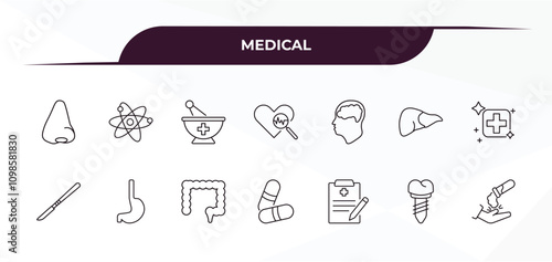 fully editable outline icon collection from medical concept. thin line icons set such as l, atomic structure, brain in bald male head, implants, acid falling on hand,