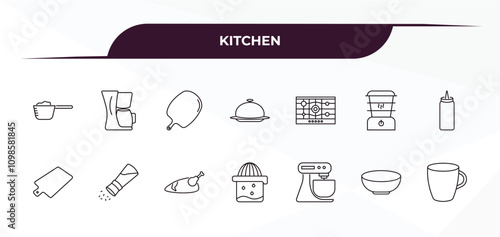 fully editable outline icon collection from kitchen concept. thin line icons set such as scoop, coffee maker, stove, soup bowl, mug,