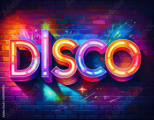 Glowing Disco neon text, watercolor style Illustration art design