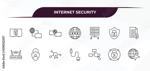 fully editable outline icon collection from internet security concept. thin line icons set such as internet attack, remote access, proxy server, private network, internet,