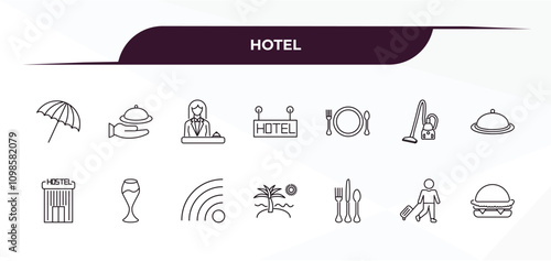 fully editable outline icon collection from hotel concept. thin line icons set such as beach umbrella, room service, meal, guest, cheese burger,