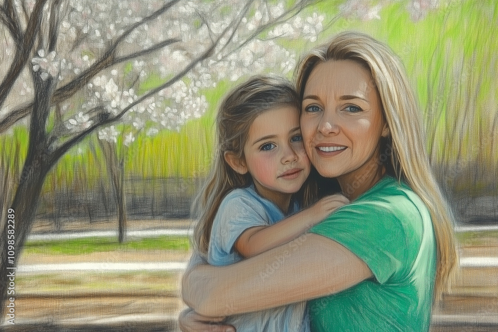 Naklejka premium Mother and daughter embracing happily in a blooming garden filled with soft colors