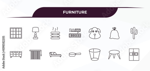 fully editable outline icon collection from furniture concept. thin line icons set such as window, bedroom lamp, dog, coffee table, fridge,
