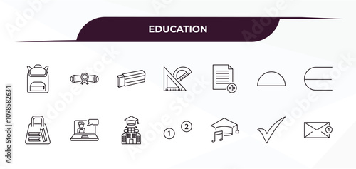 fully editable outline icon collection from education concept. thin line icons set such as school bag, rolled diploma, new document, check mark, new email,