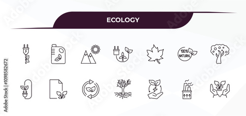 fully editable outline icon collection from ecology concept. thin line icons set such as eco energy power, biodiesel, m leaf, geothermal energy, eco volunteer,