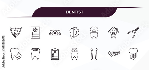 fully editable outline icon collection from dentist concept. thin line icons set such as dental protection, medical list, molar crown, dental veneer, implant,