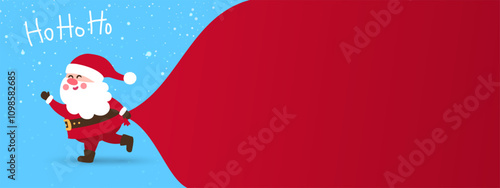 Santa Claus pulls heavy bag full of gifts at snow fall. Cute funny Santa Claus with a huge bag on the run to delivery Christmas gifts. Ho ho ho text handwritten lettering