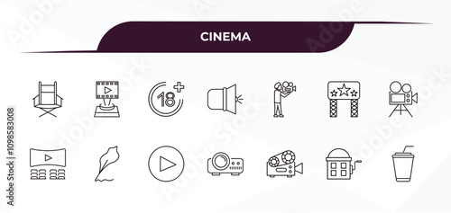 fully editable outline icon collection from cinema concept. thin line icons set such as director film chair, film award, cameraman, cinema hurdy gurdy, papper cup with straw,
