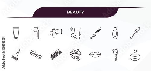 fully editable outline icon collection from beauty concept. thin line icons set such as cream tube, inclined bottle, curler, makeup mirror, candle light,