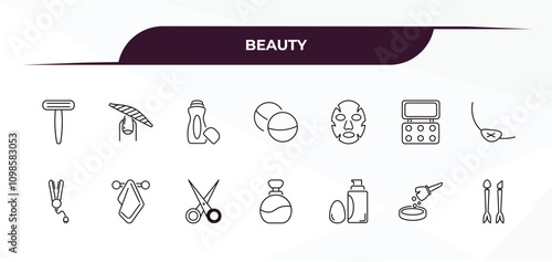 fully editable outline icon collection from beauty concept. thin line icons set such as disposable razor, nail file, face mask, blush, inclined makeup brush,