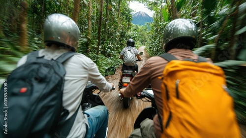 Wallpaper Mural A group of three motorcyclists navigate a narrow forest path, surrounded by vibrant greenery and heading towards a volcano in the distance, representing camaraderie and adventure. Torontodigital.ca