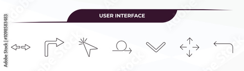fully editable outline icon collection from user interface concept. thin line icons set such as double arrows, turn right arrow, mouse clicker, four expand arrows, curve left arrow,