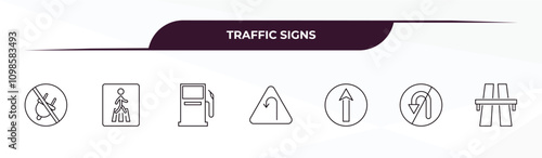 fully editable outline icon collection from traffic signs concept. thin line icons set such as no plug, pedestrian, gas station, no turn, motorway,