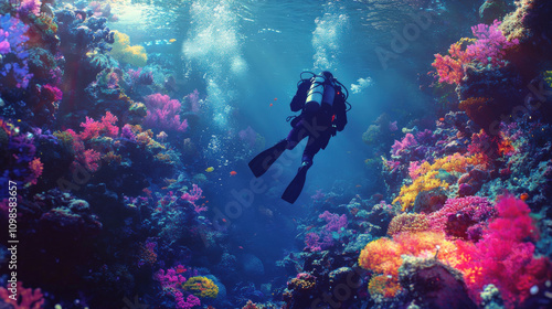 Wallpaper Mural Diver exploring vibrant coral reef underwater, surrounded by colorful marine life, creating serene and captivating atmosphere Torontodigital.ca