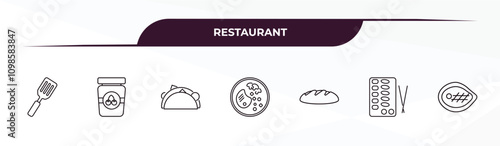 fully editable outline icon collection from restaurant concept. thin line icons set such as spatula utensil, mermelade tin, mexican food, sushi mix, beef chop,