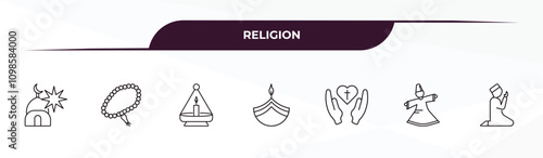 fully editable outline icon collection from religion concept. thin line icons set such as zuhr prayer, prayer beads, ner tamid, sufi mystic, salah,