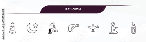 fully editable outline icon collection from religion concept. thin line icons set such as buddha, ramadan crescent moon, fajr dawn prayer, muslim man praying, adhan call,