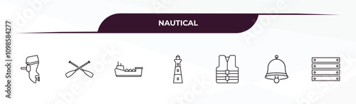 fully editable outline icon collection from nautical concept. thin line icons set such as boat engine, nautical monocular, speed boat, compass inclined, big crate,