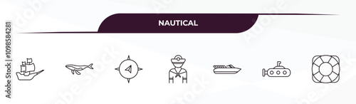 fully editable outline icon collection from nautical concept. thin line icons set such as oil tanker ship, pearl, wind rose, fish shaped bait, life preserver,