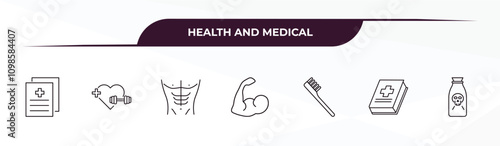 fully editable outline icon collection from health and medical concept. thin line icons set such as records, gym, abs, medical book, poisonous,