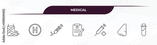 fully editable outline icon collection from medical concept. thin line icons set such as plastered foot, heliport, anesthesia, e, blood sample,